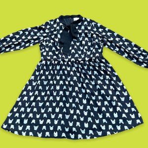 Black long sleeved Boston Terrier print dress with necktie